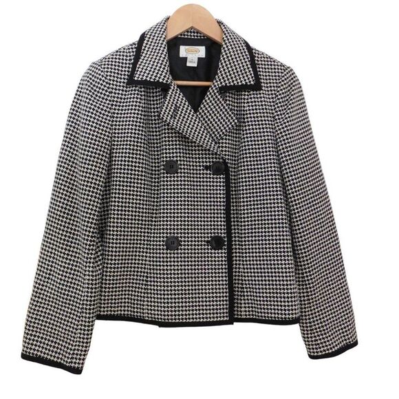 Talbots Womens Houndstooth Blazer Double Breasted Black White Wool Petite 6 6P - Picture 1 of 6